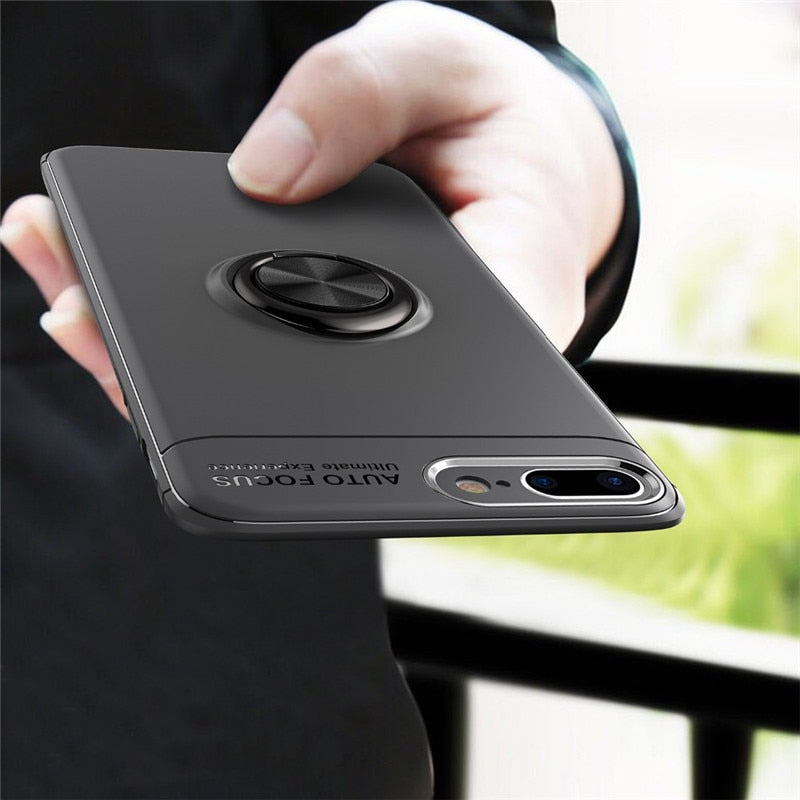 Phone Case Ultra Slim Silicon Armor Anti-knock Car Magnetic Metal Ring Bracket Cell Phone Shell Case for IPhone X 6/6S 7/8 Plus